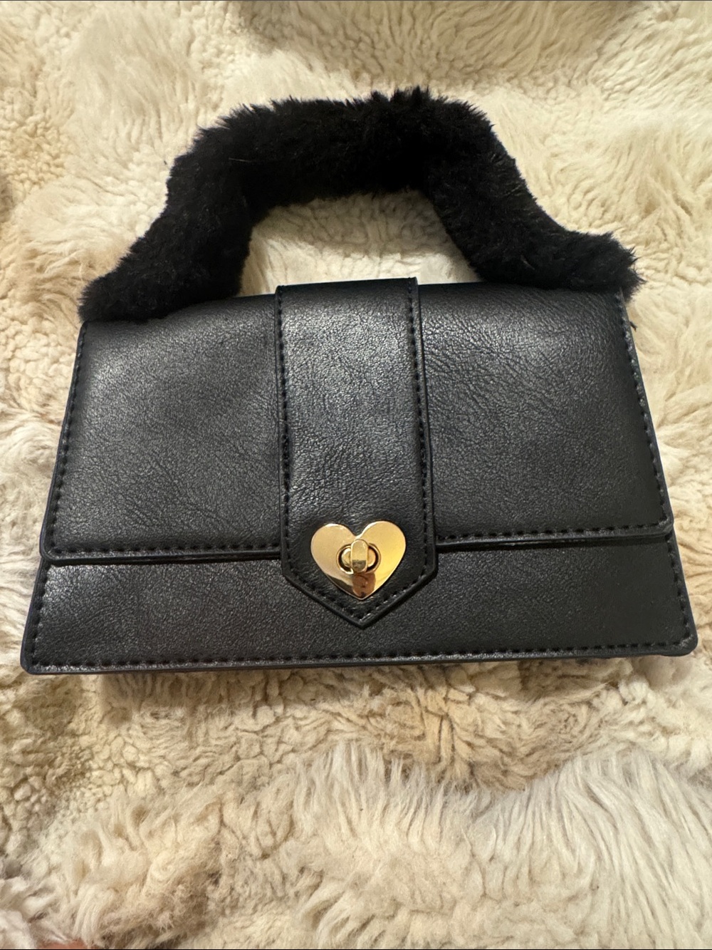 Olivia & Kate Black Top Handle Bag Faux Fur Trim Magnetic Gold Polka Dot Lining